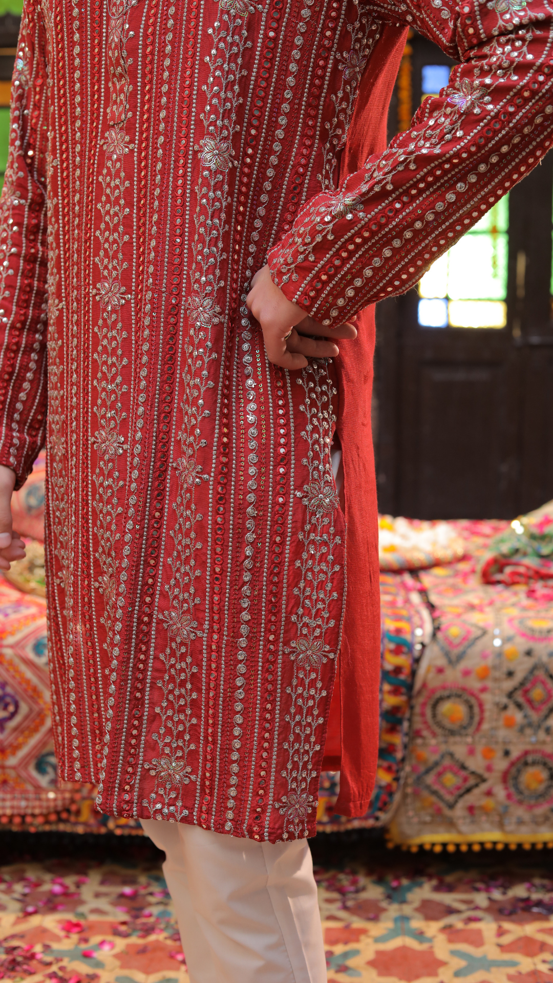 Orange Embroidered Chanderi Kurta Set (2-Piece) - Image 3