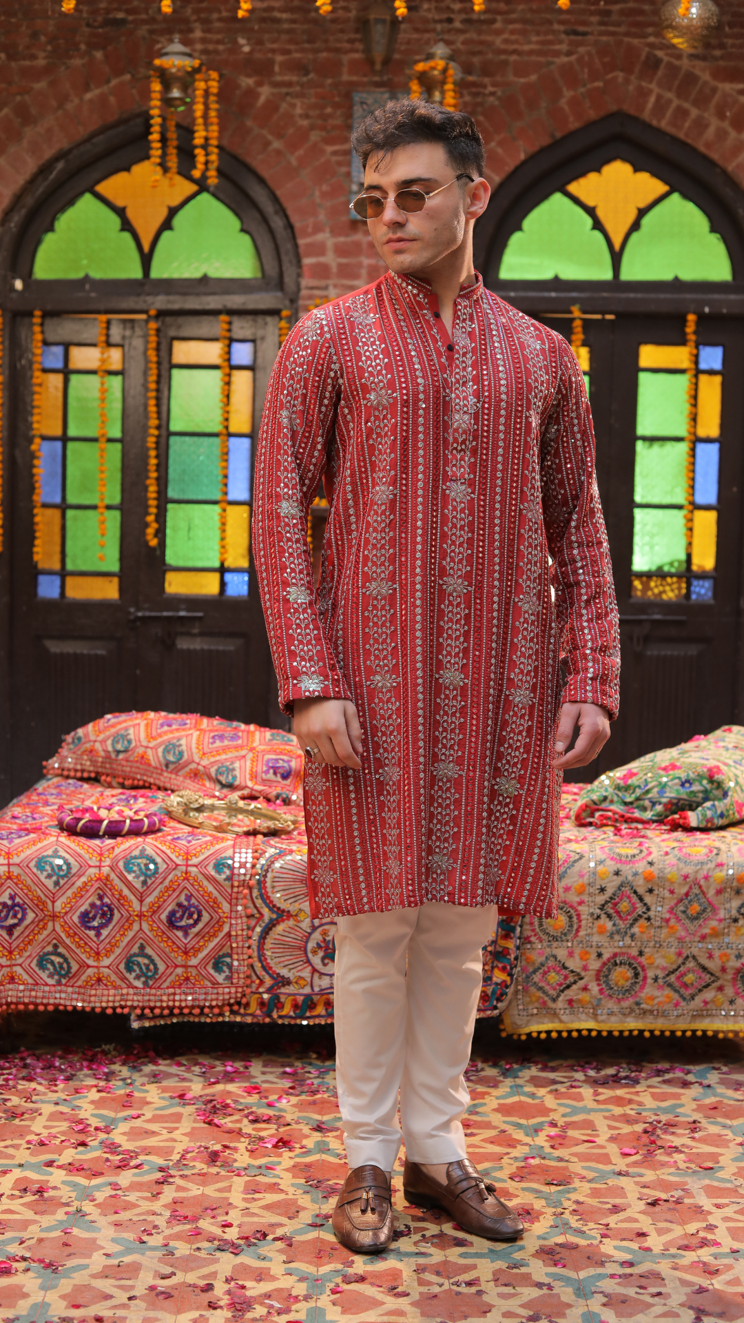 Orange Embroidered Chanderi Kurta Set (2-Piece) - Image 4