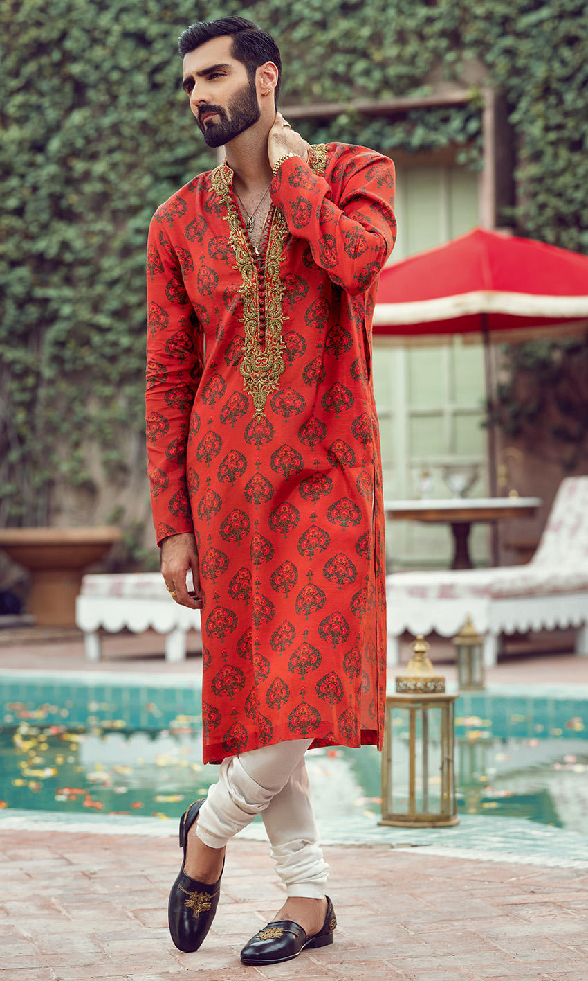 Rusty Orange Printed Cotton-Silk Kurta (2-Piece) - Image 1