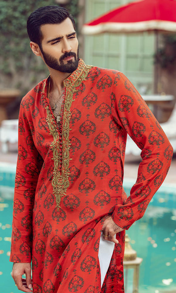 Rusty Orange Printed Cotton-Silk Kurta (2-Piece) - Image 14