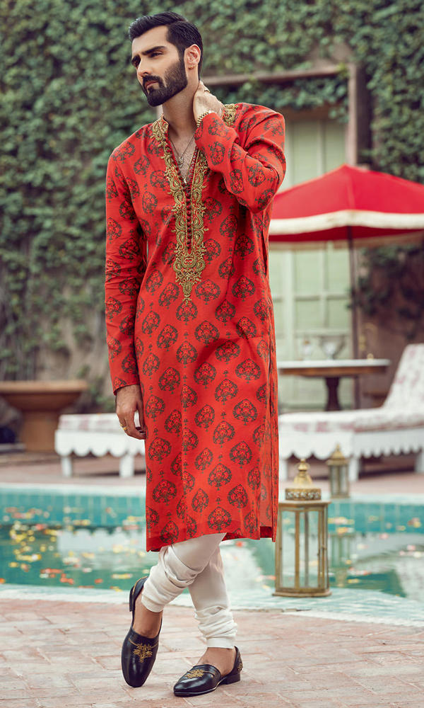 Rusty Orange Printed Cotton-Silk Kurta (2-Piece) - Image 2