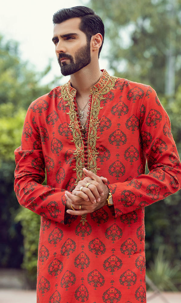 Rusty Orange Printed Cotton-Silk Kurta (2-Piece) - Image 3