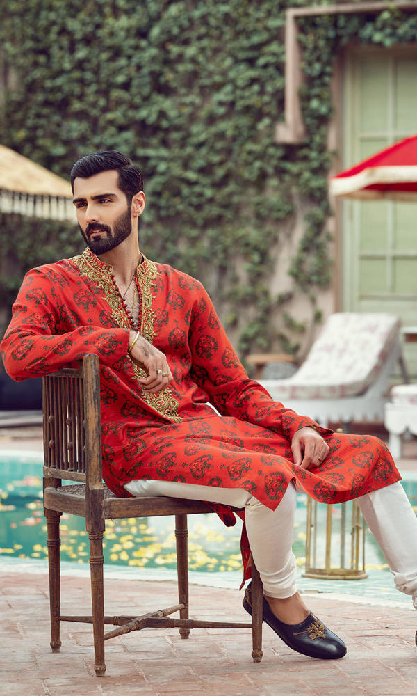 Rusty Orange Printed Cotton-Silk Kurta (2-Piece) - Image 7