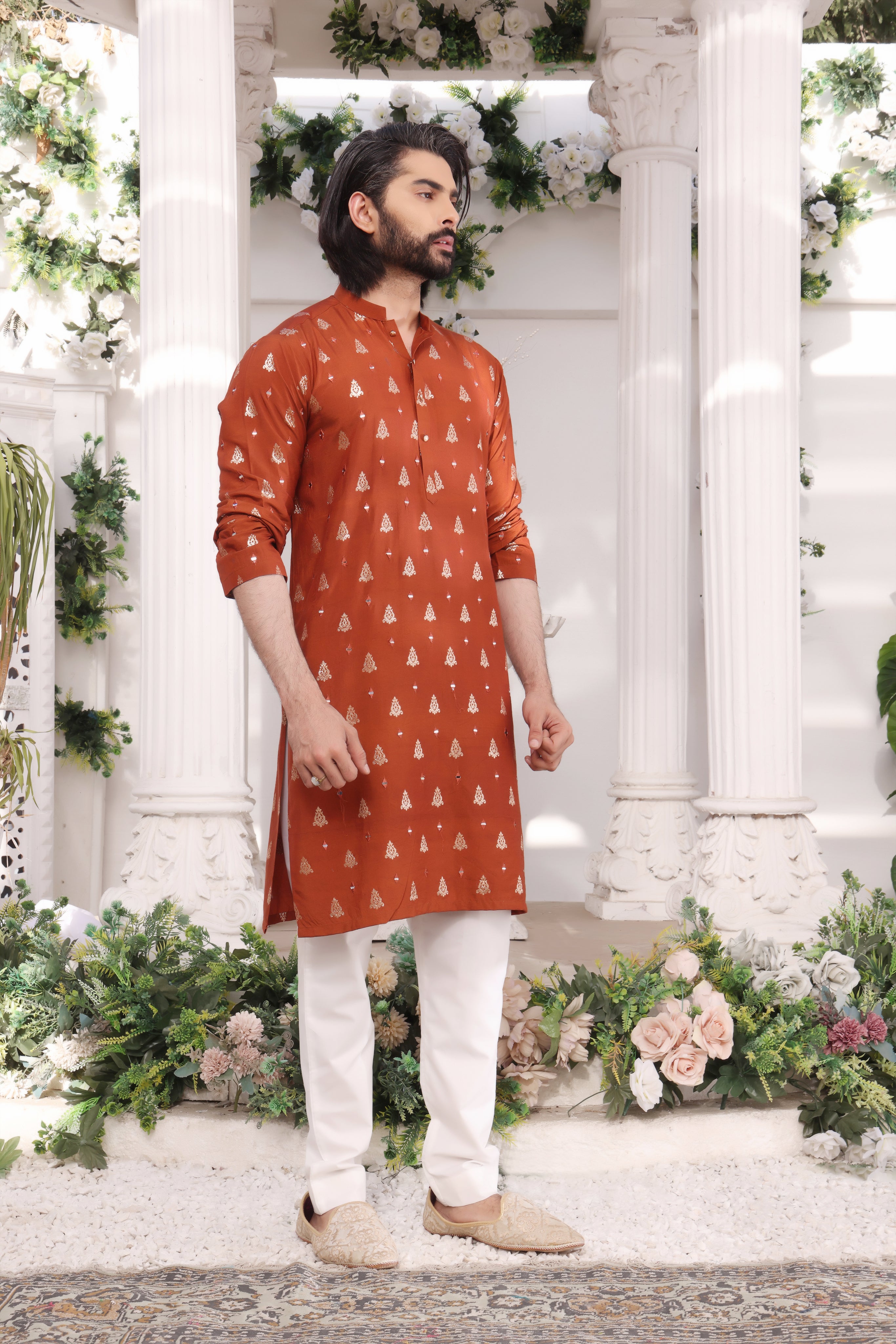 Orange Mirror Work Cotton Silk Kurta Pajama (2-Piece) - Image 1