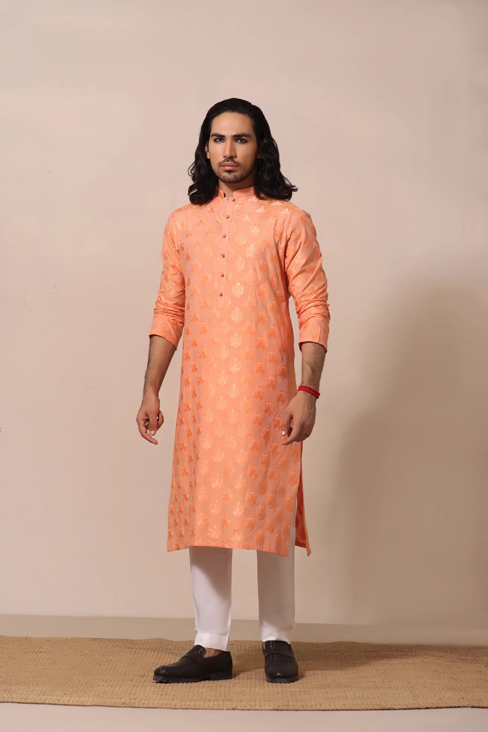 Orange Embroidered Heavy Fabric Kurta (2-Piece) - Image 1