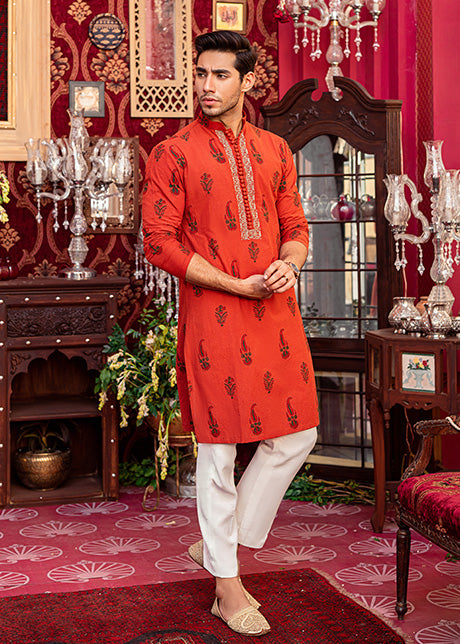 Burnt Orange Block-Printed Karandi Kurta (2-Piece) - Image 1