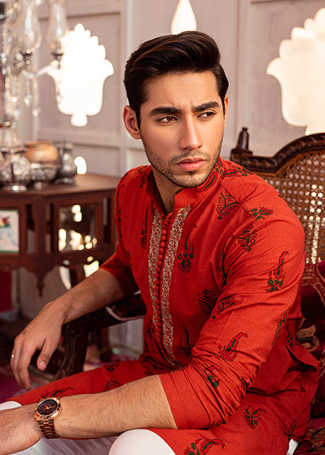 Burnt Orange Block-Printed Karandi Kurta (2-Piece) - Image 2