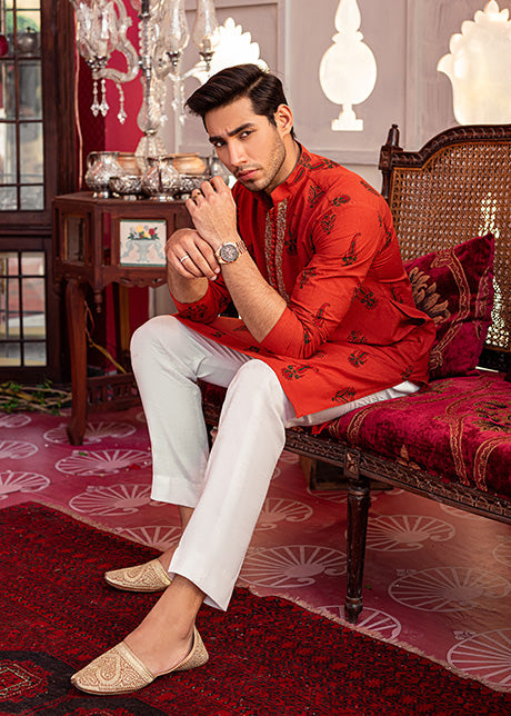 Burnt Orange Block-Printed Karandi Kurta (2-Piece) - Image 3