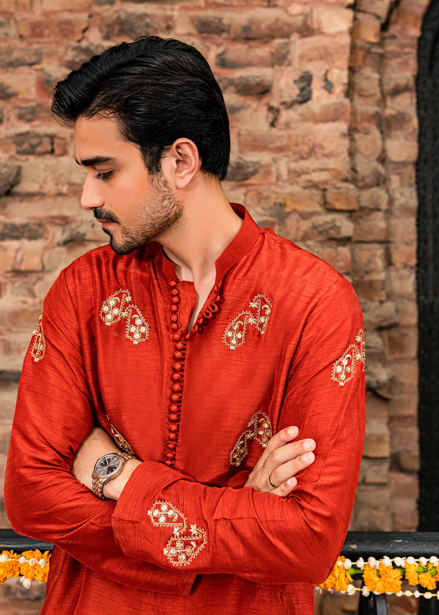 Rust Hand Embroidered Korean Raw Silk Kurta (2-Piece) - Image 4