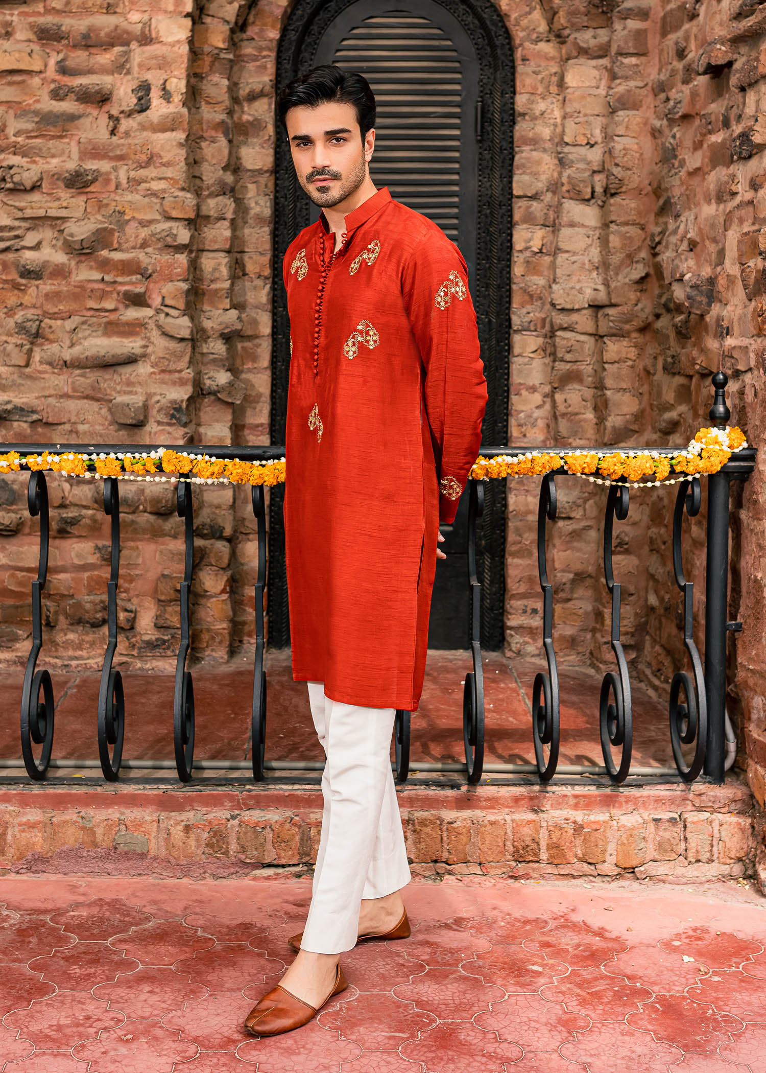 Rust Hand Embroidered Korean Raw Silk Kurta (2-Piece) - Image 5