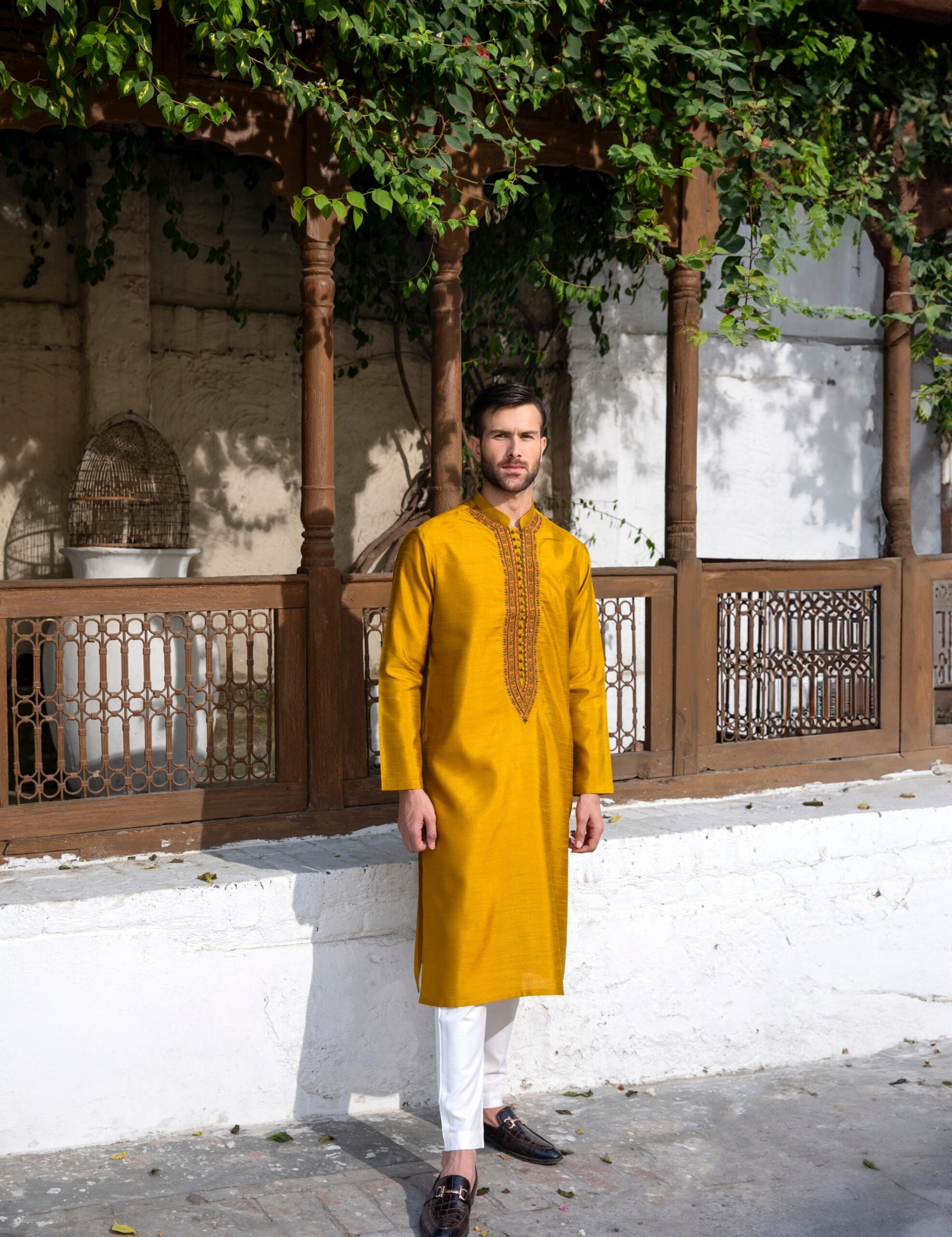 Tangerine Yellow Embroidered Synthetic Raw Silk Kurta (2-Piece) - Image 1