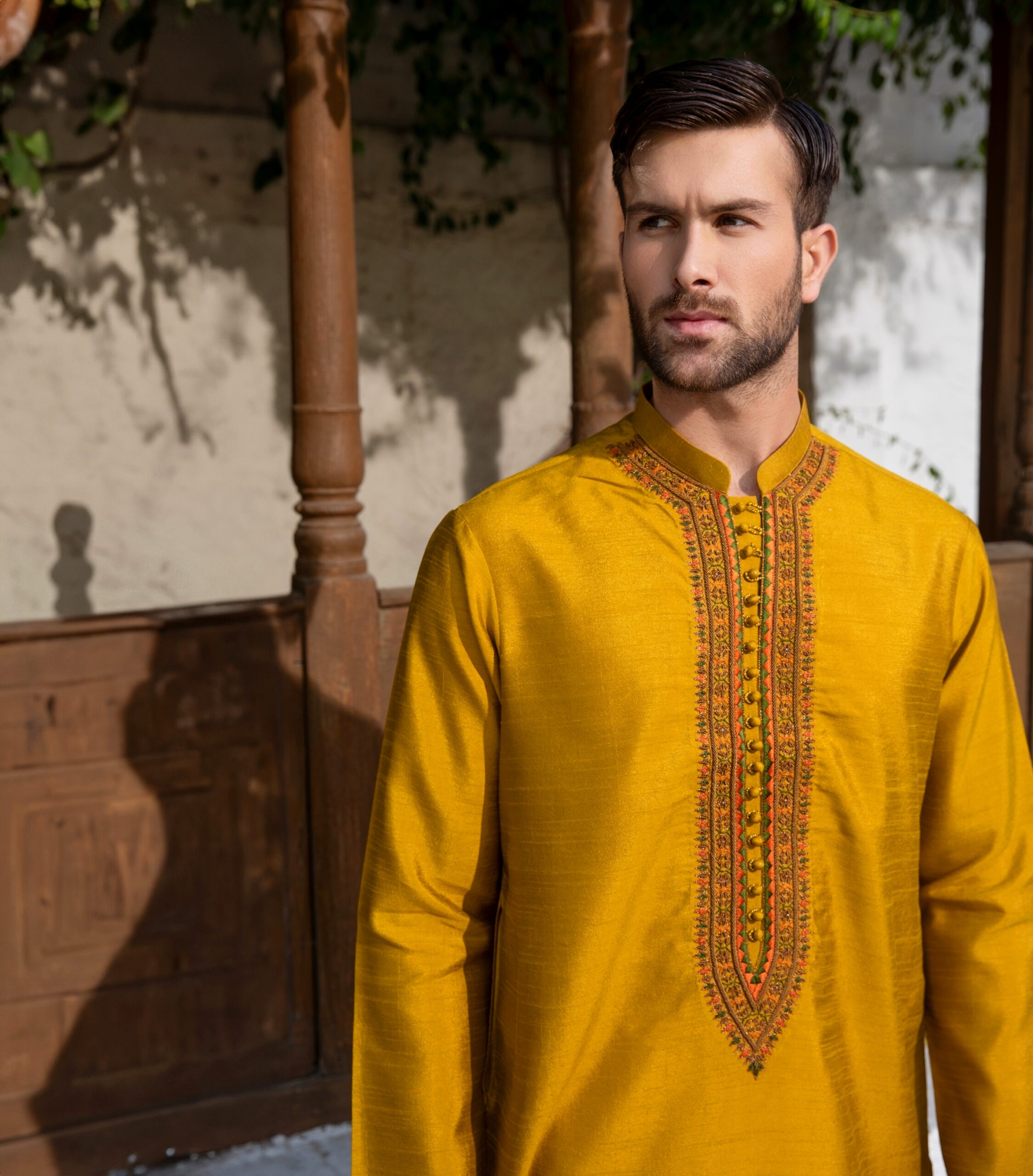 Tangerine Yellow Embroidered Synthetic Raw Silk Kurta (2-Piece) - Image 2
