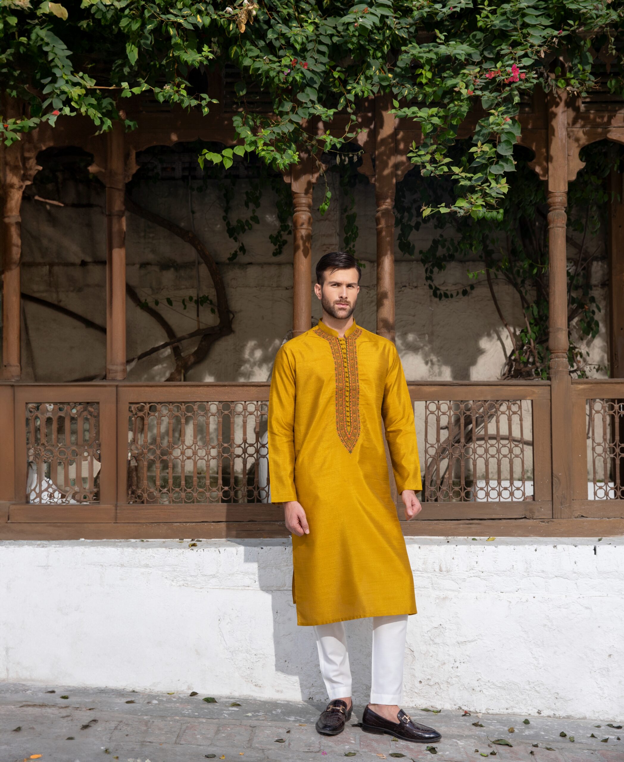 Tangerine Yellow Embroidered Synthetic Raw Silk Kurta (2-Piece) - Image 3