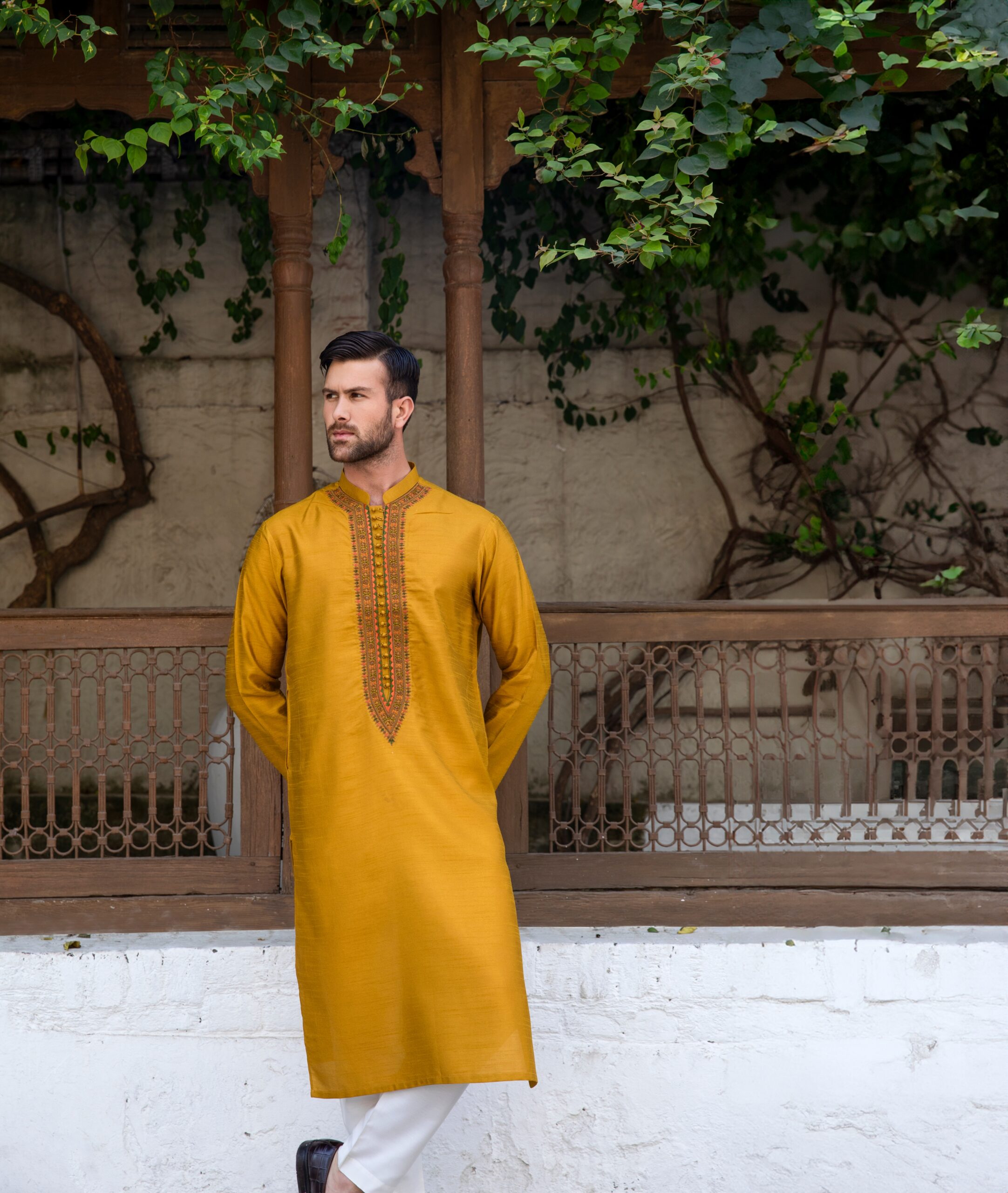 Tangerine Yellow Embroidered Synthetic Raw Silk Kurta (2-Piece) - Image 4