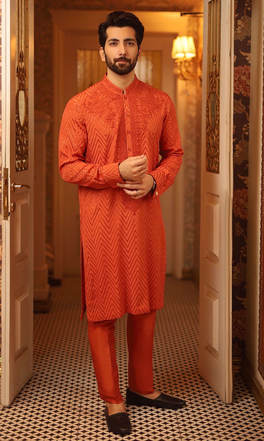 Burnt Orange Embroidered Self-Textured Kurta (2-Piece) - Image 1