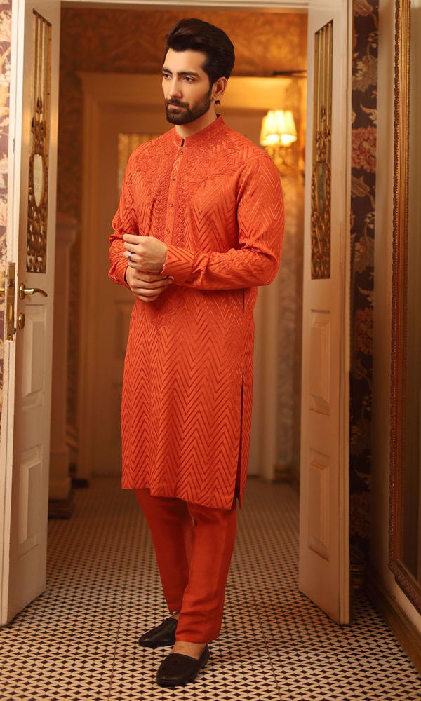 Burnt Orange Embroidered Self-Textured Kurta (2-Piece) - Image 3