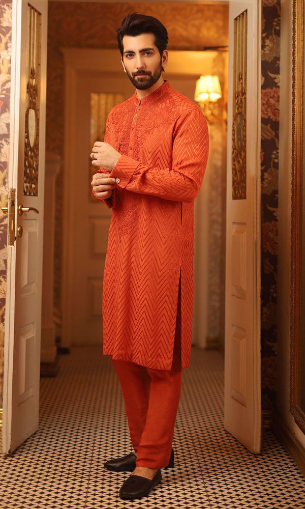 Burnt Orange Embroidered Self-Textured Kurta (2-Piece) - Image 4