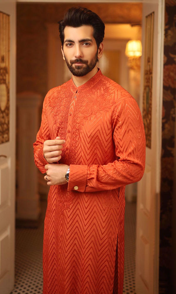 Burnt Orange Embroidered Self-Textured Kurta (2-Piece) - Image 5