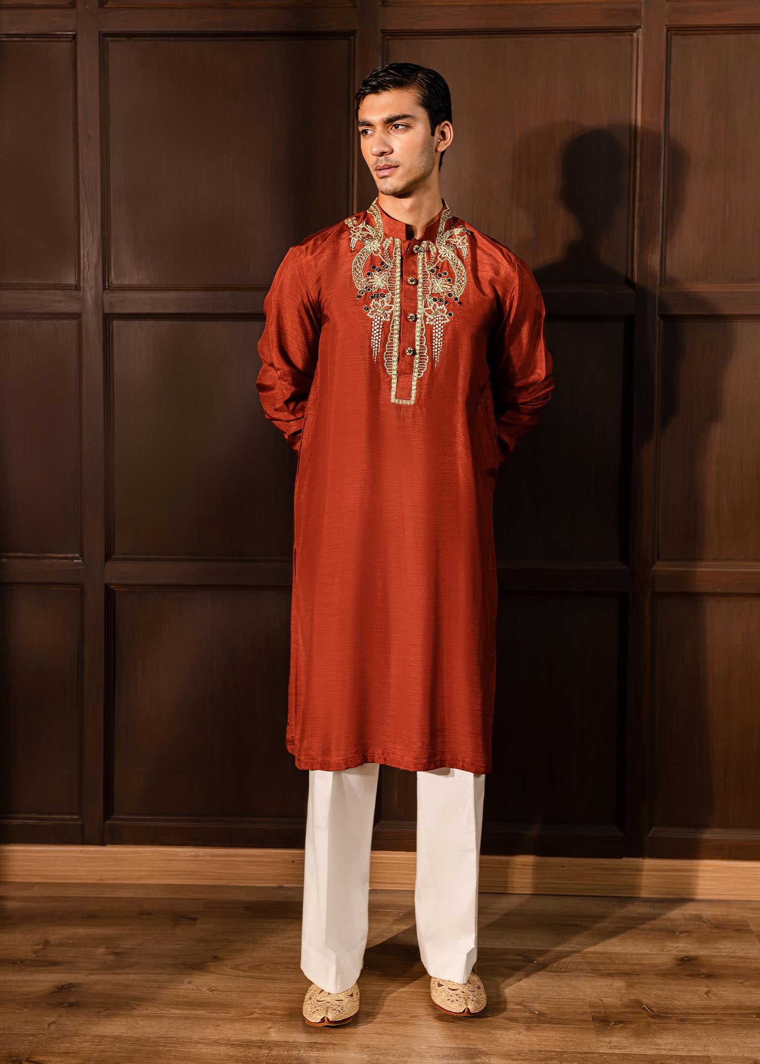 Rustic Orange Embroidered Silk-Blend Kurta (2-Piece) - Image 2
