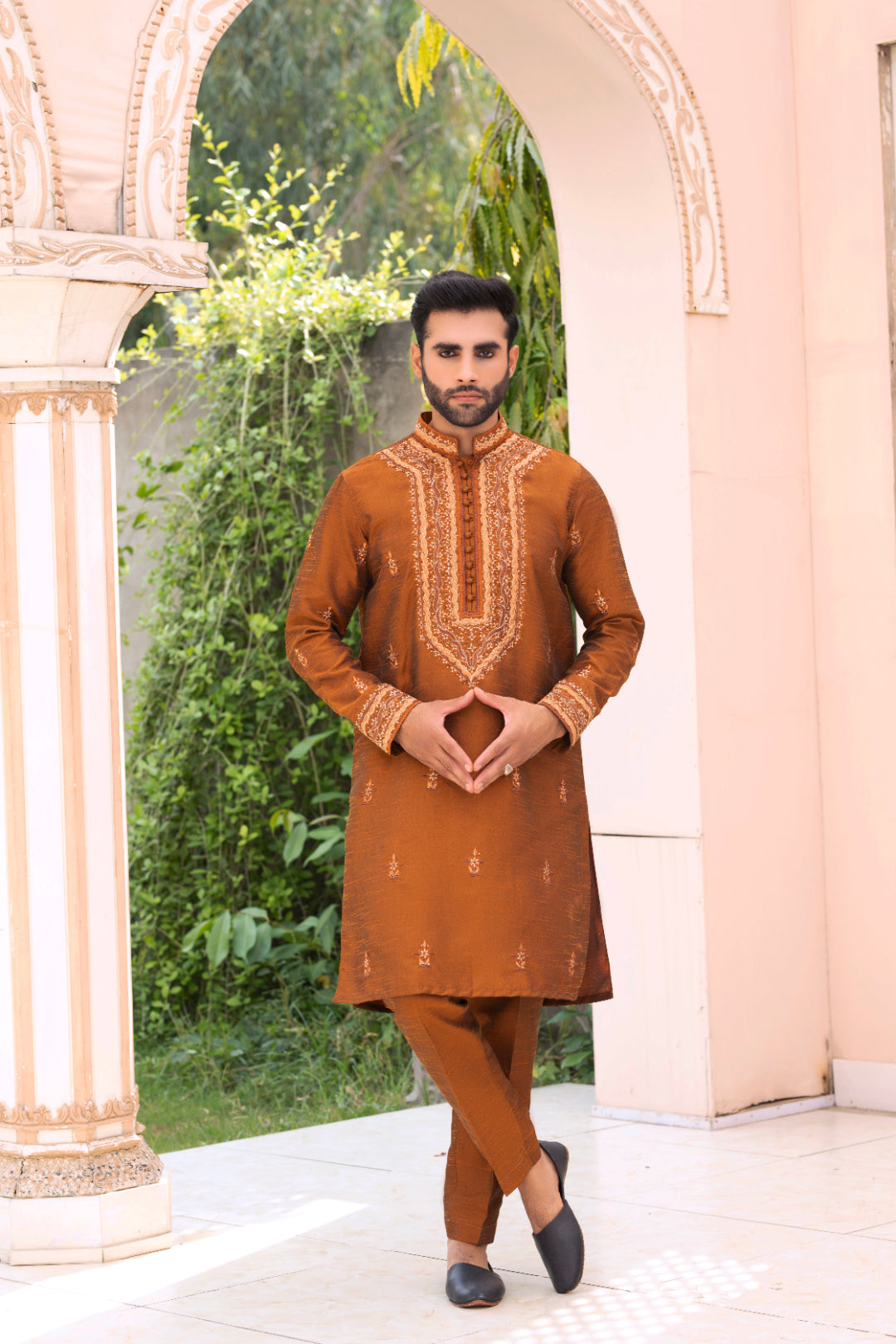 Rust Orange Shisha Embroidered Silk Kurta Pajama (2-Piece) - Image 1
