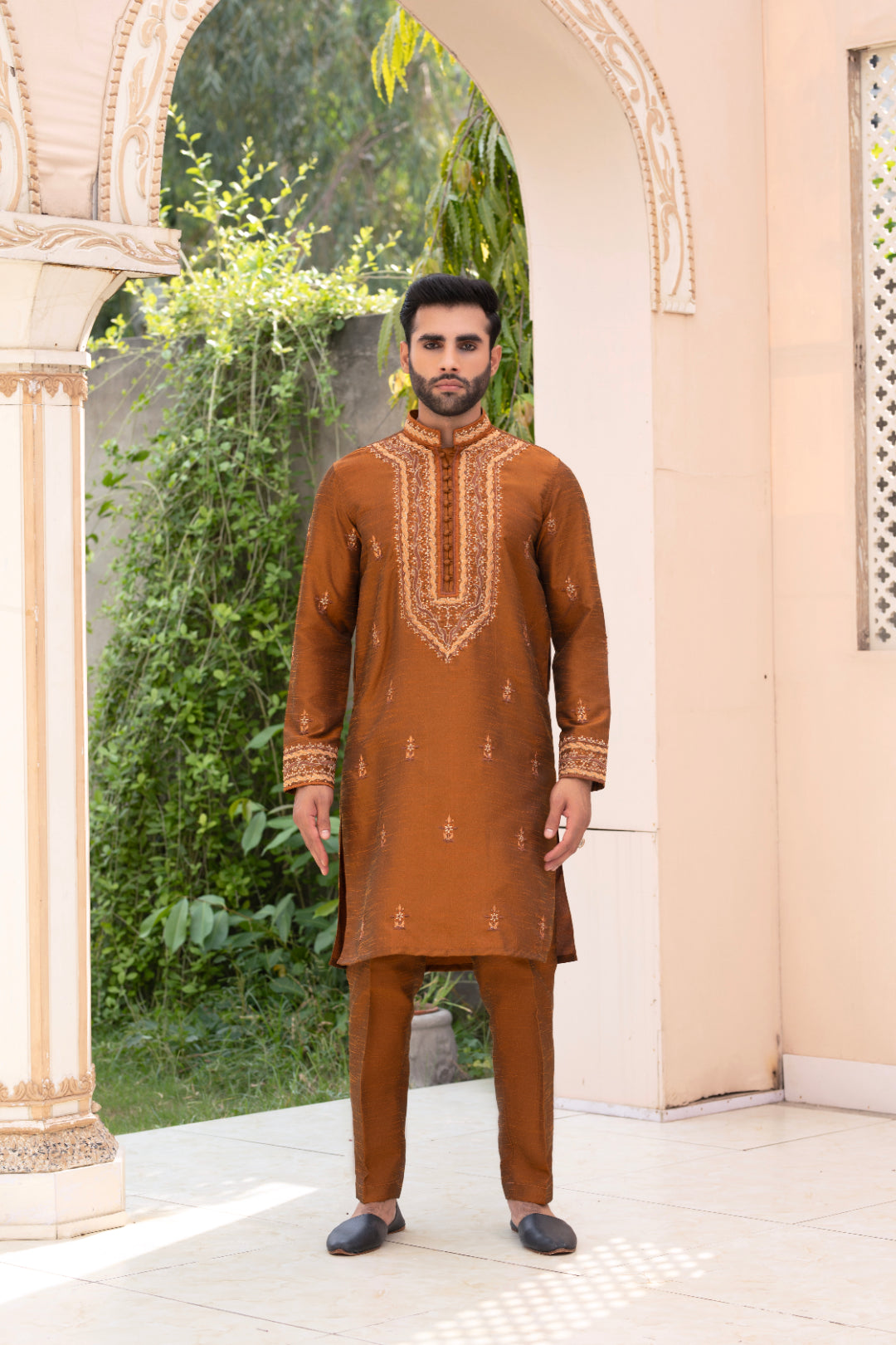 Rust Orange Shisha Embroidered Silk Kurta Pajama (2-Piece) - Image 2