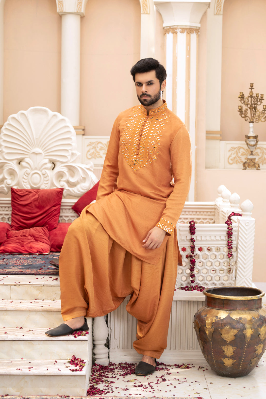 Rust Orange Mirror Work Silk Kurta (2-Piece) - Image 3