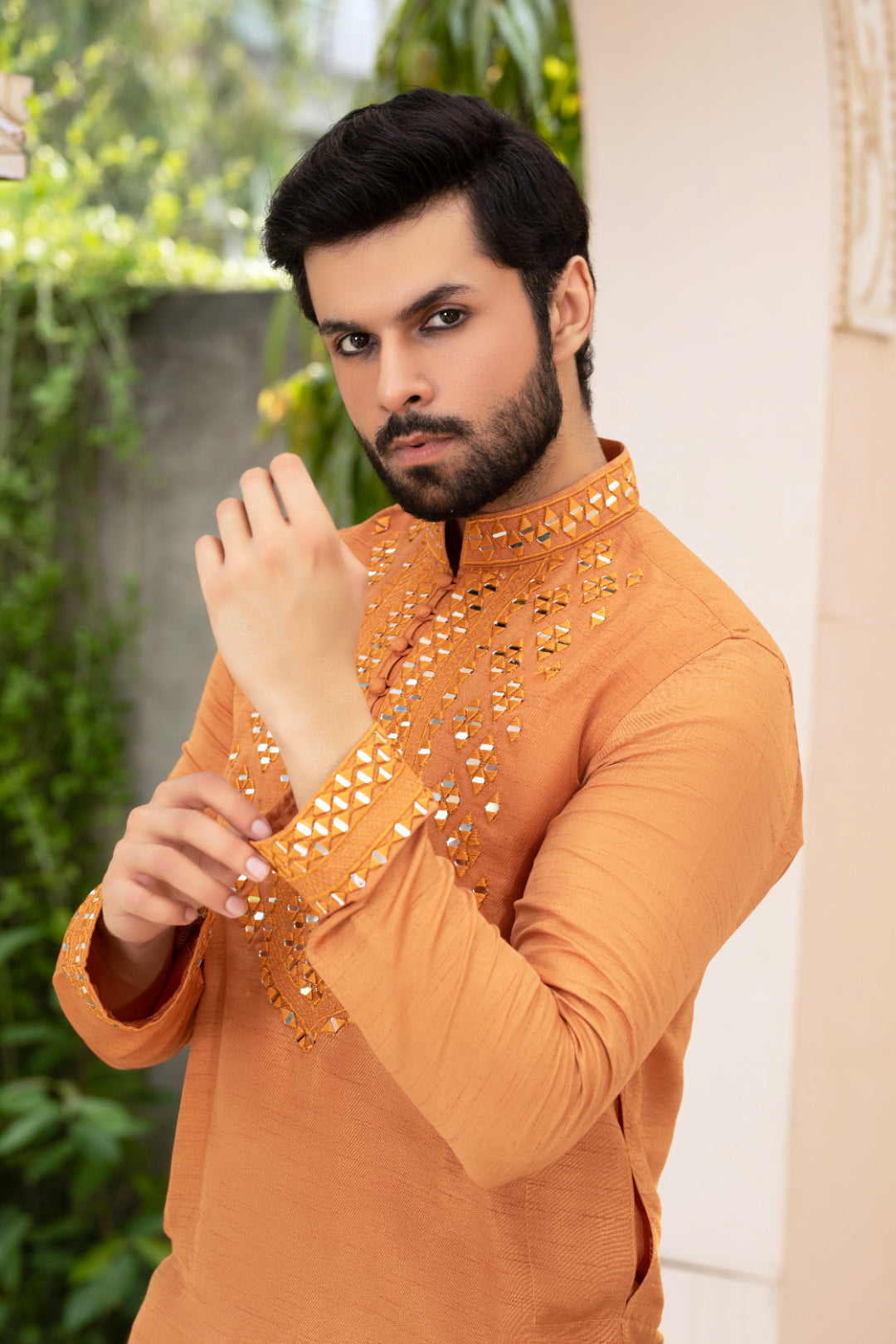 Rust Orange Mirror Work Silk Kurta (2-Piece) - Image 4