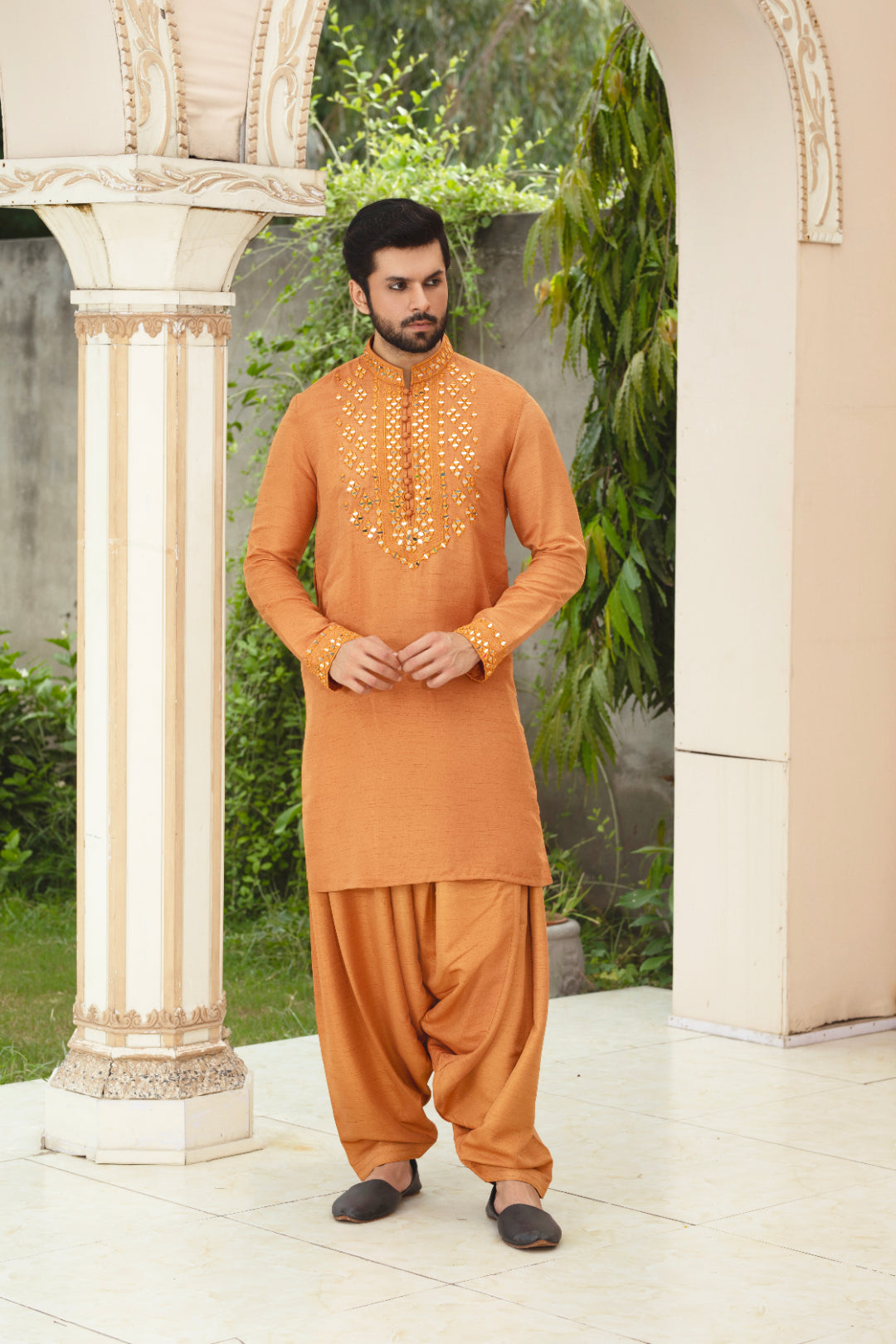 Rust Orange Mirror Work Silk Pathani Suit (2-Piece) - Image 1