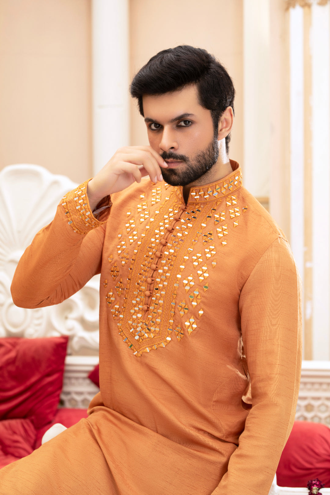 Rust Orange Mirror Work Silk Pathani Suit (2-Piece) - Image 2