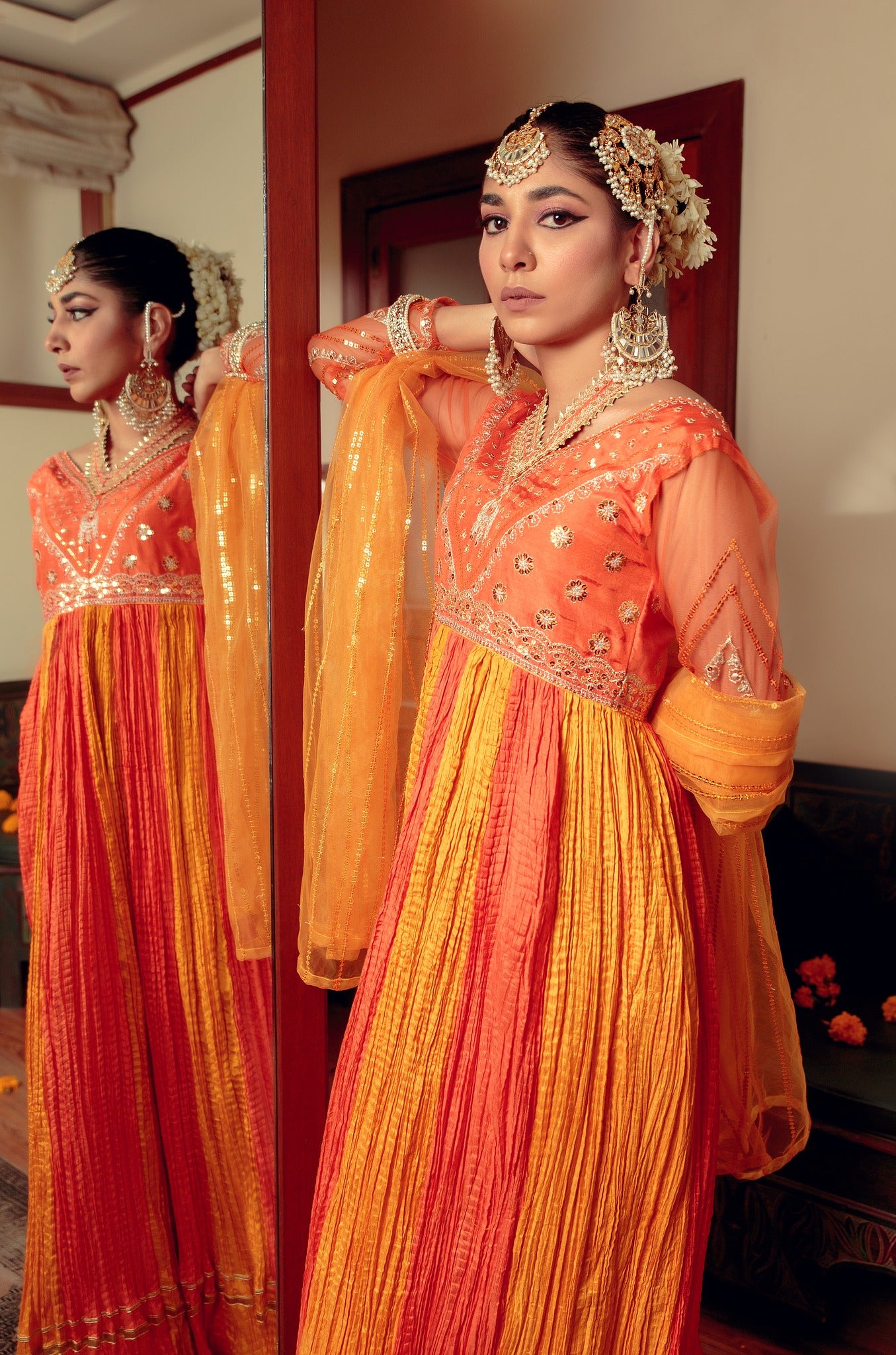 Orange Zari Embroidered Cotton Silk Pishwas (3-Piece) - Image 1
