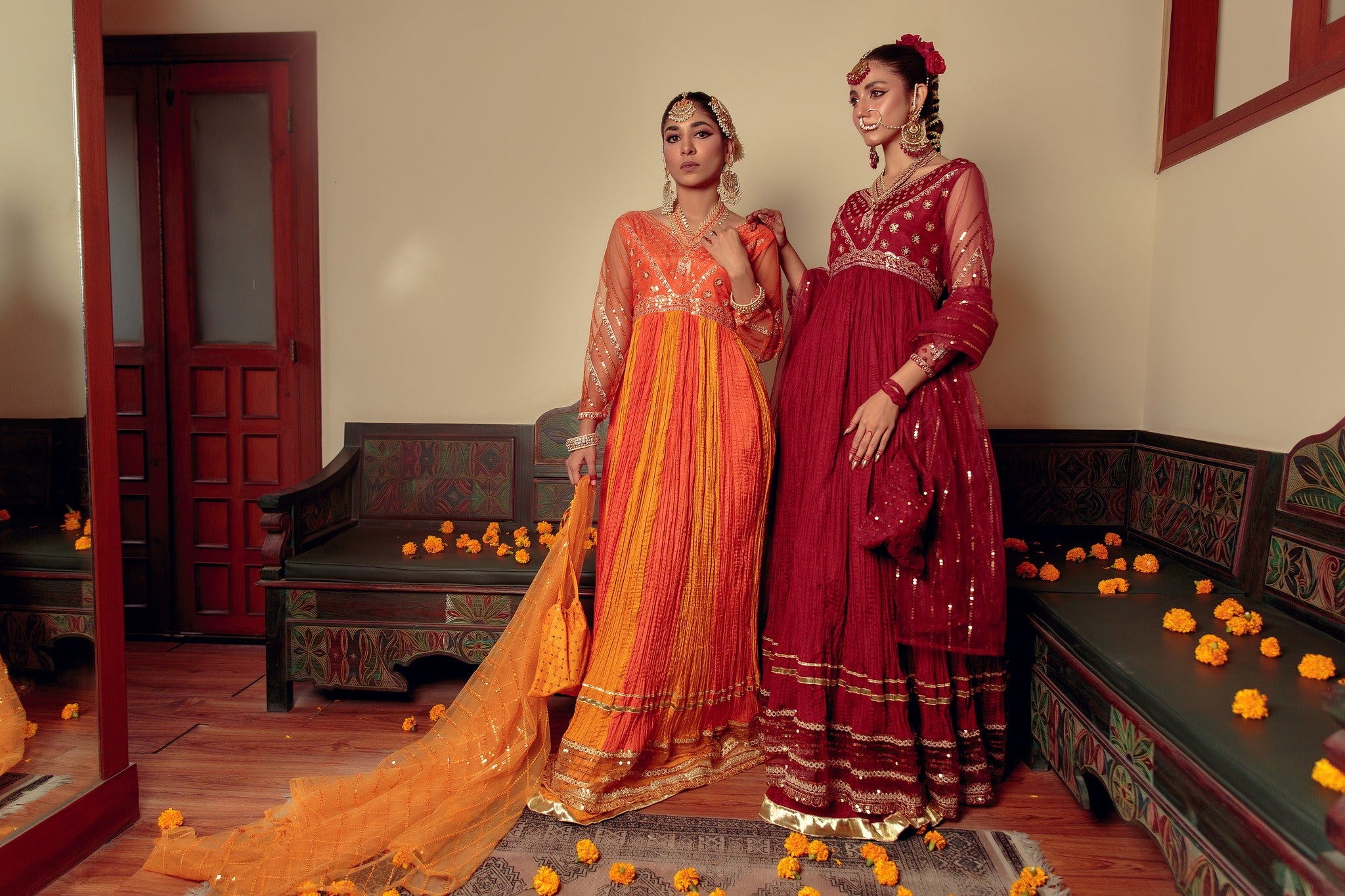 Orange Zari Embroidered Cotton Silk Pishwas (3-Piece) - Image 10