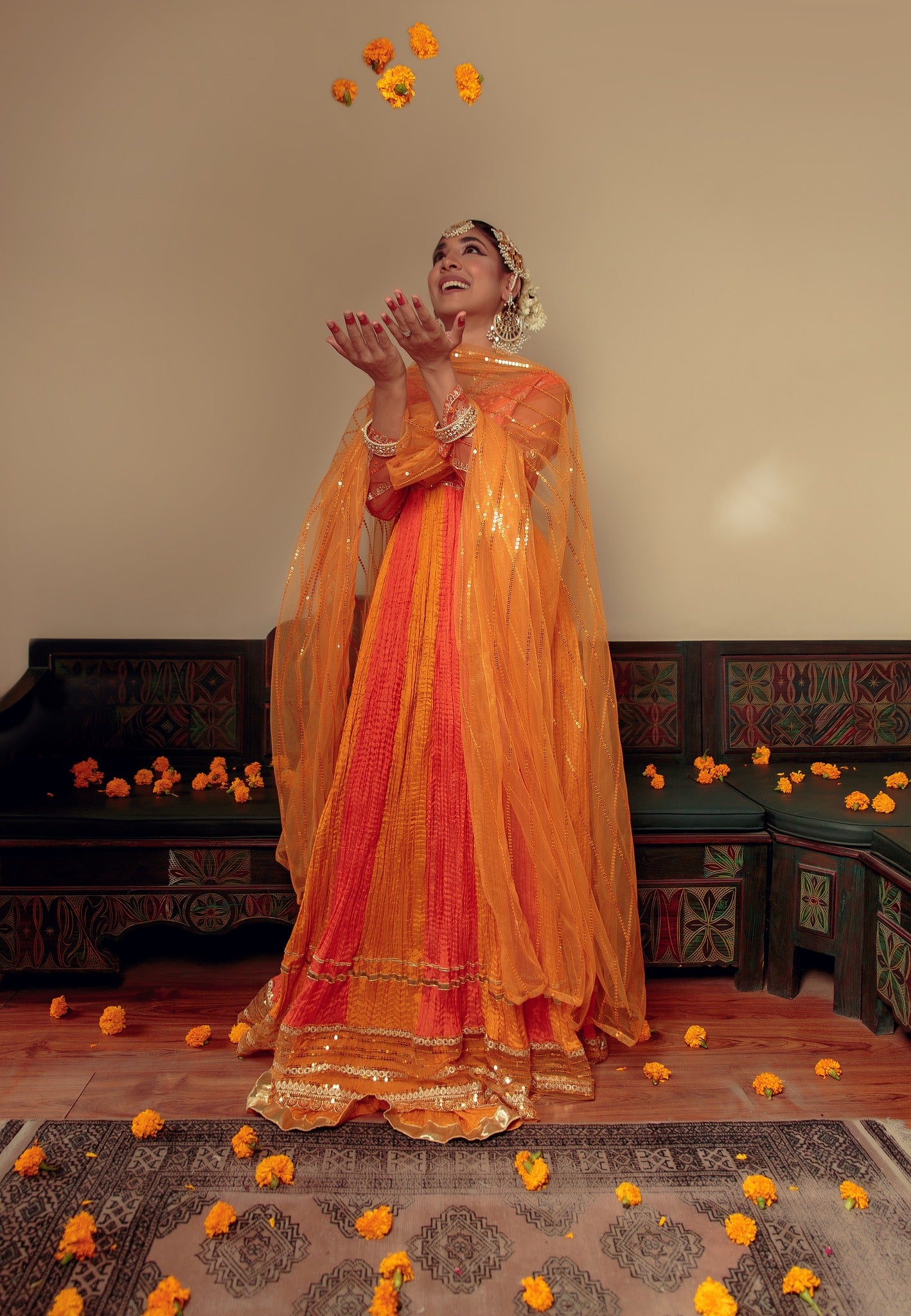 Orange Zari Embroidered Cotton Silk Pishwas (3-Piece) - Image 2