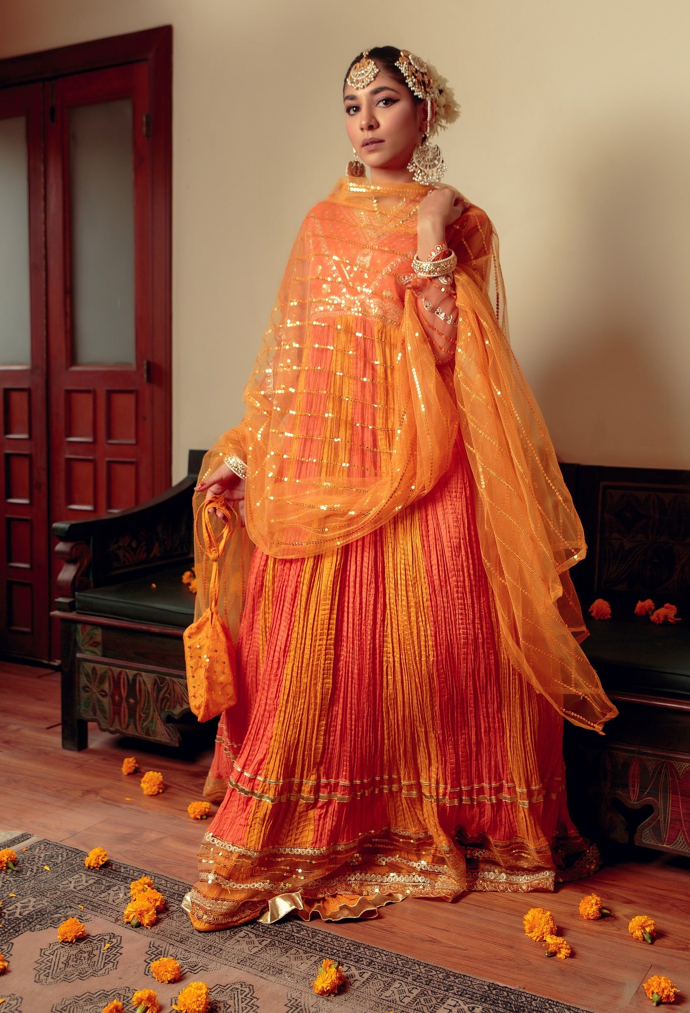 Orange Zari Embroidered Cotton Silk Pishwas (3-Piece) - Image 3