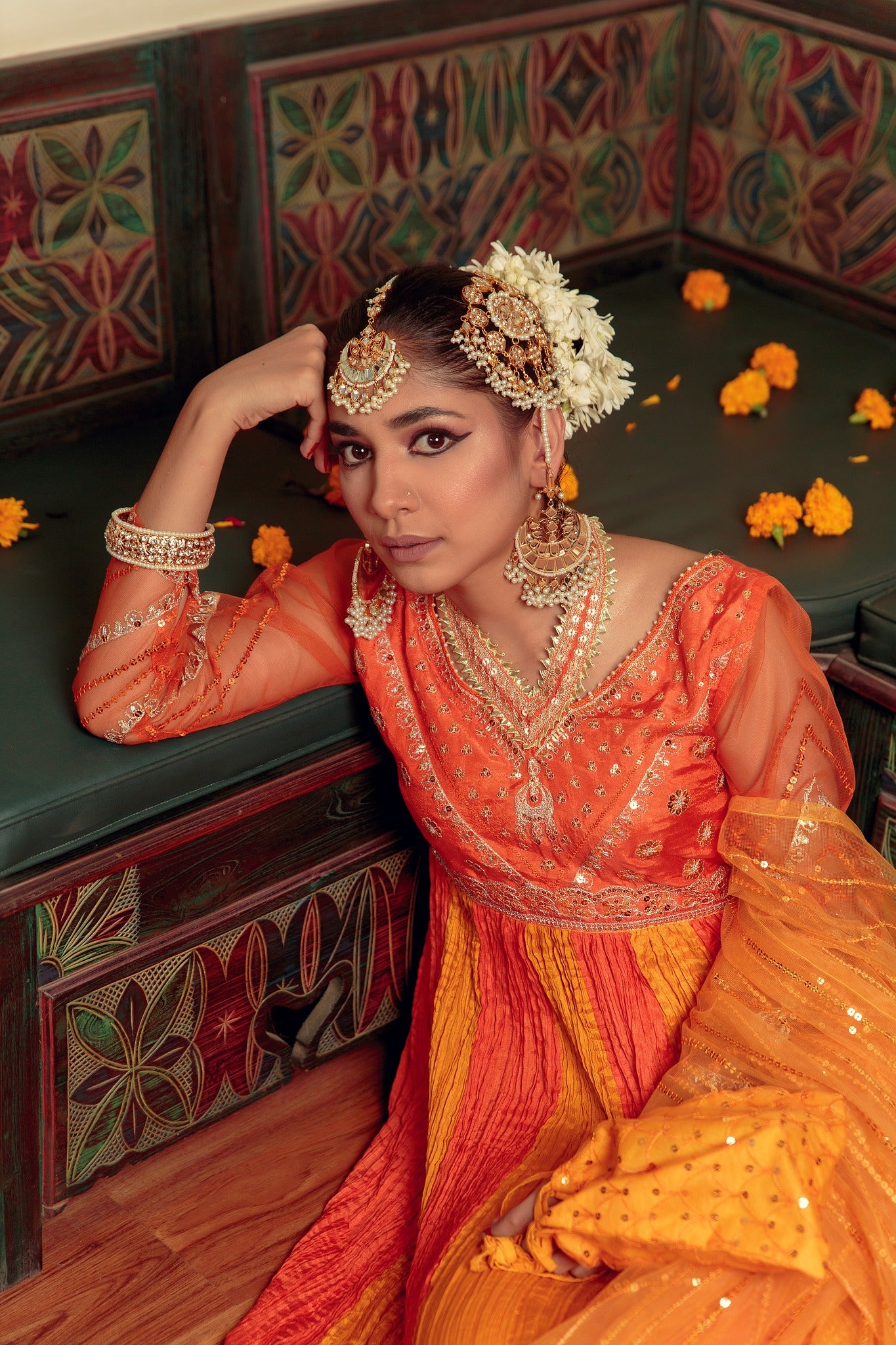 Orange Zari Embroidered Cotton Silk Pishwas (3-Piece) - Image 4