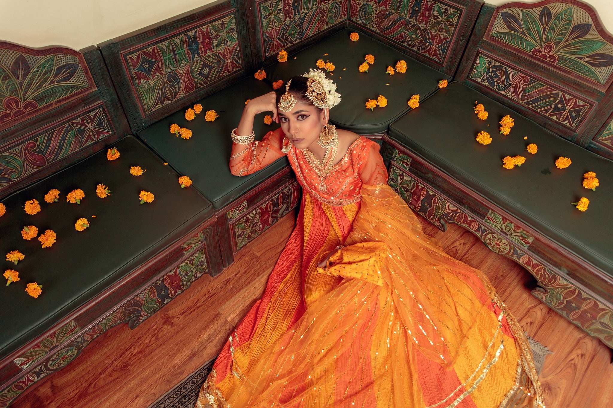 Orange Zari Embroidered Cotton Silk Pishwas (3-Piece) - Image 5