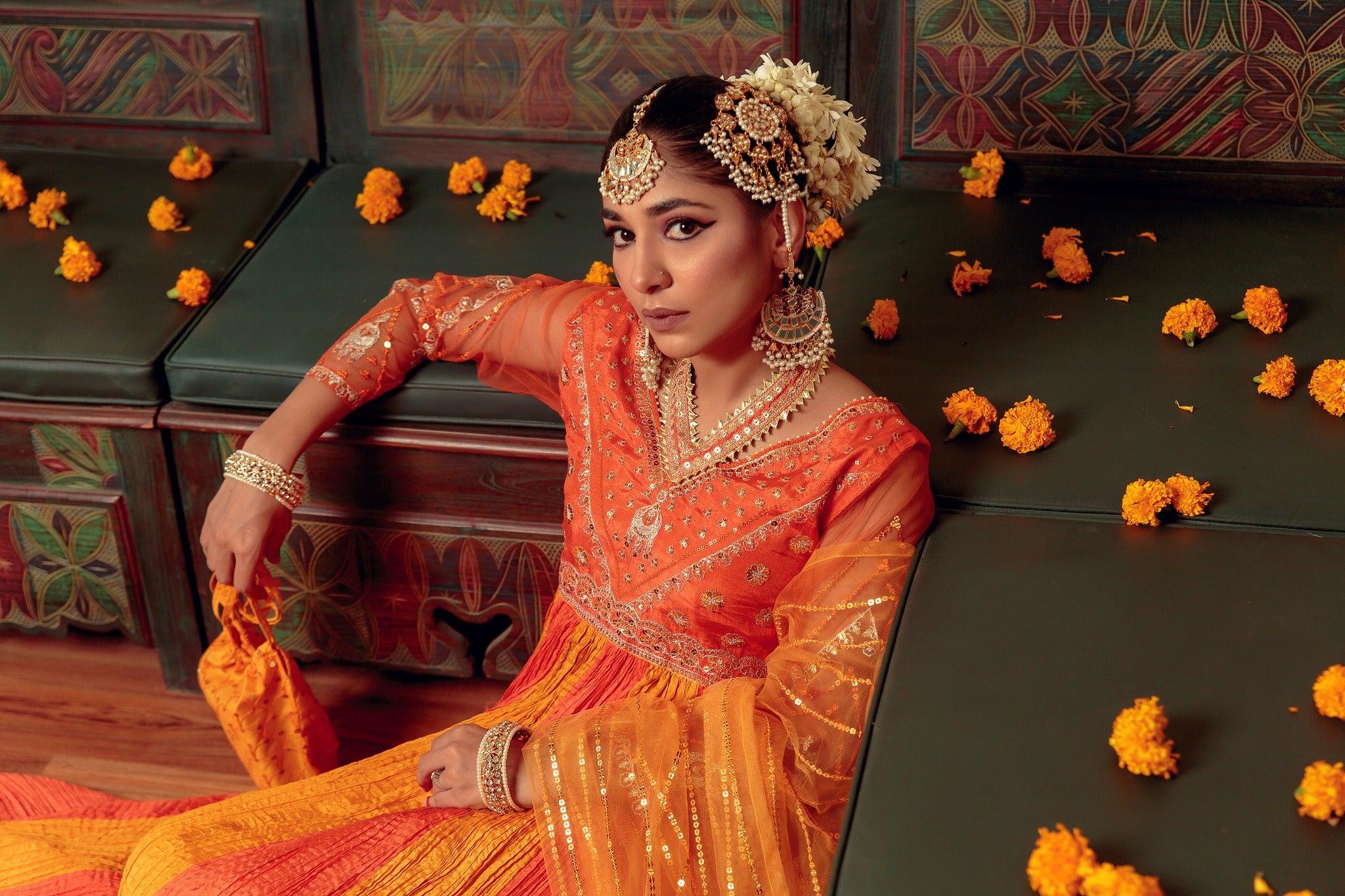 Orange Zari Embroidered Cotton Silk Pishwas (3-Piece) - Image 6