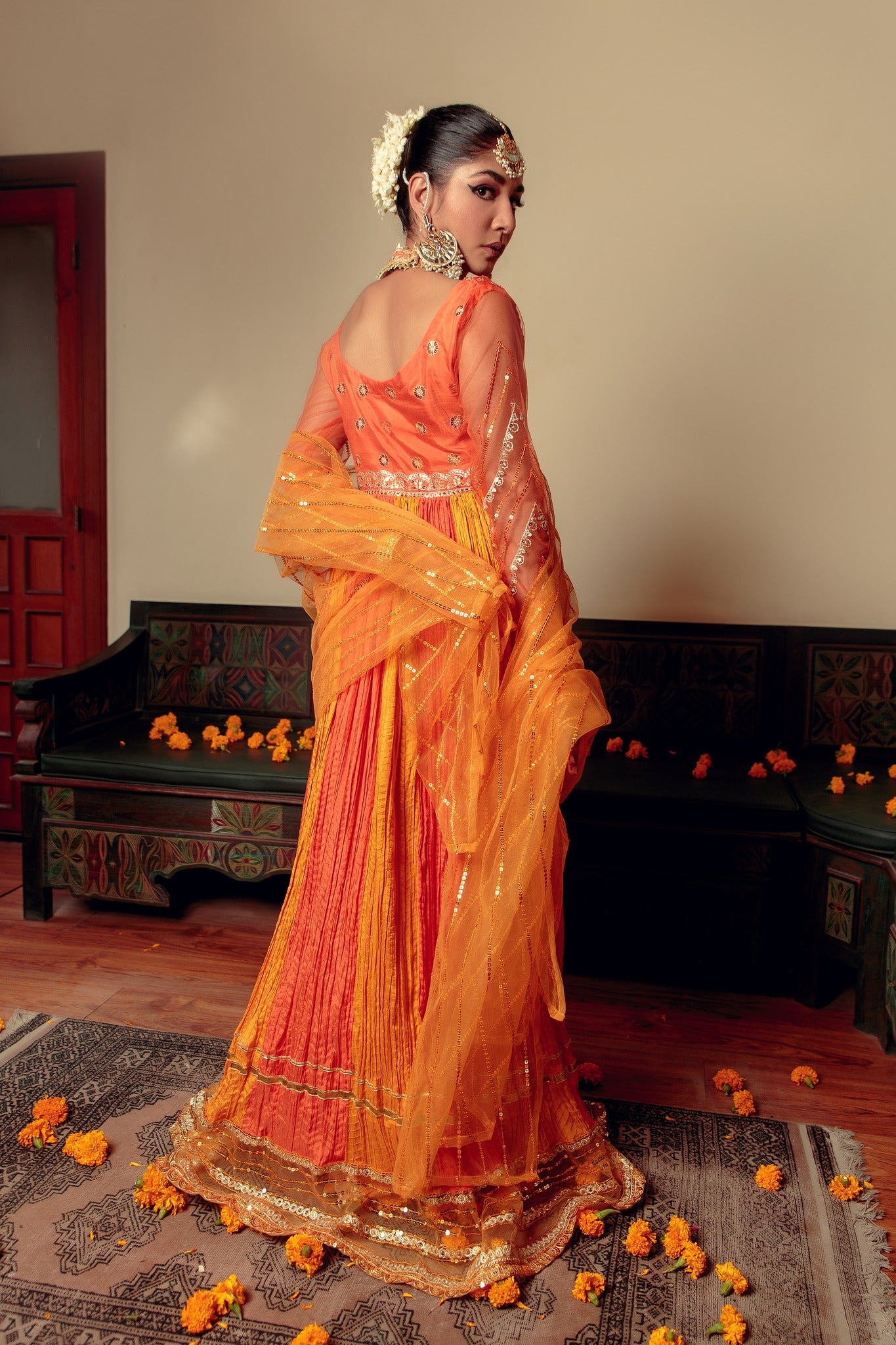 Orange Zari Embroidered Cotton Silk Pishwas (3-Piece) - Image 7