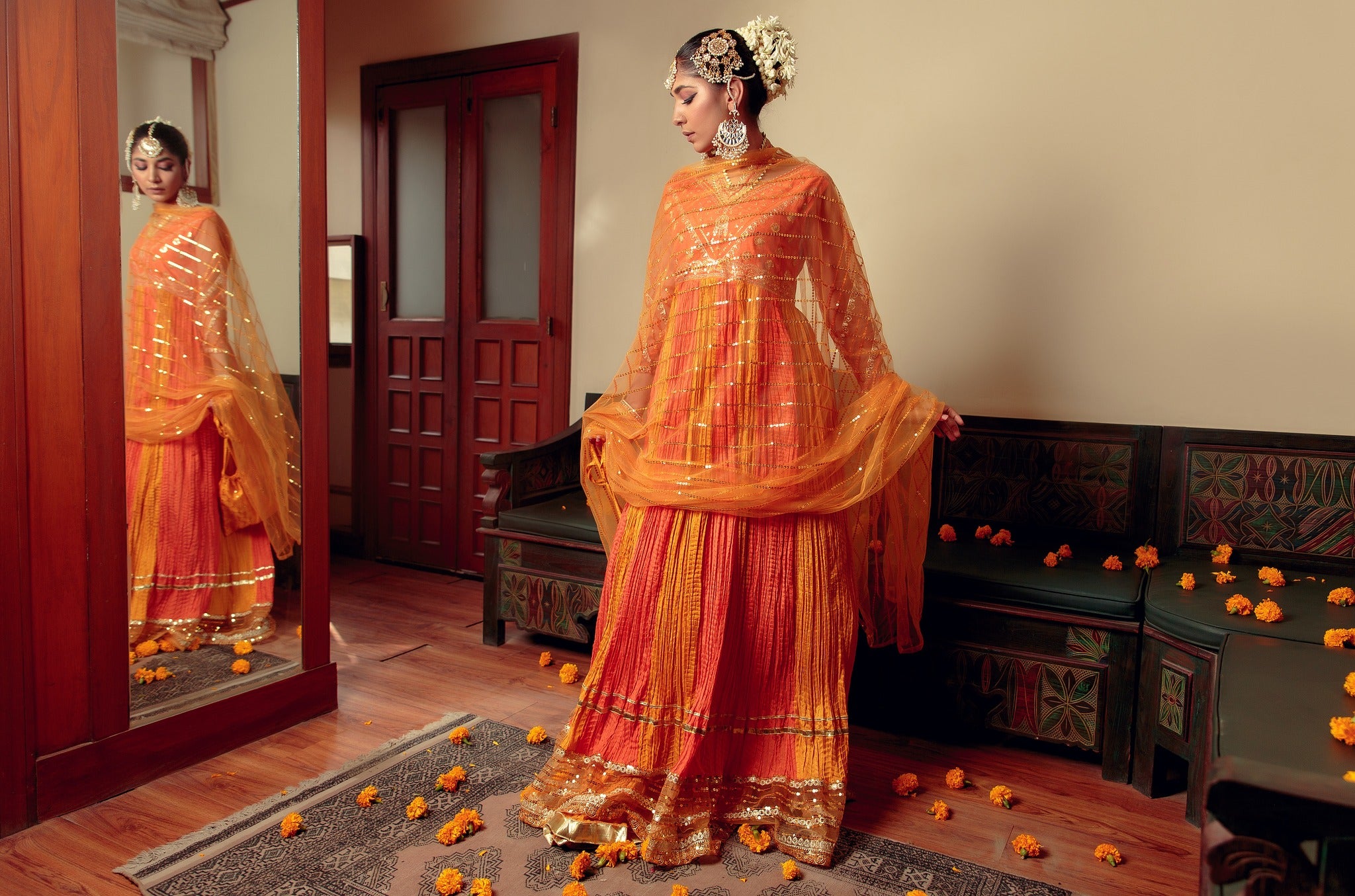 Orange Zari Embroidered Cotton Silk Pishwas (3-Piece) - Image 8