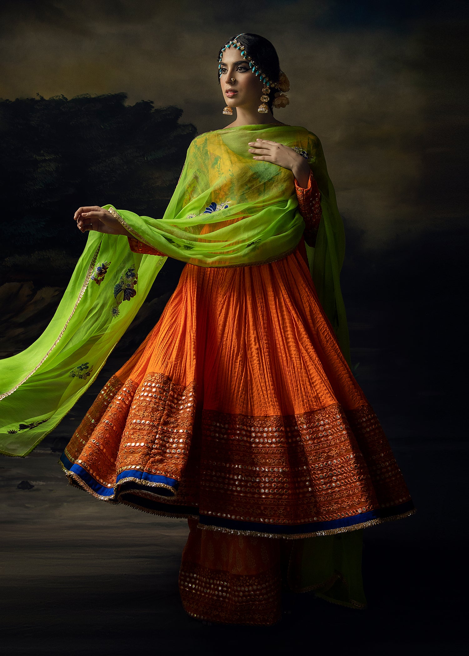 Tangerine Mirror-Work Crushed Pishwas (3-Piece) - Image 1