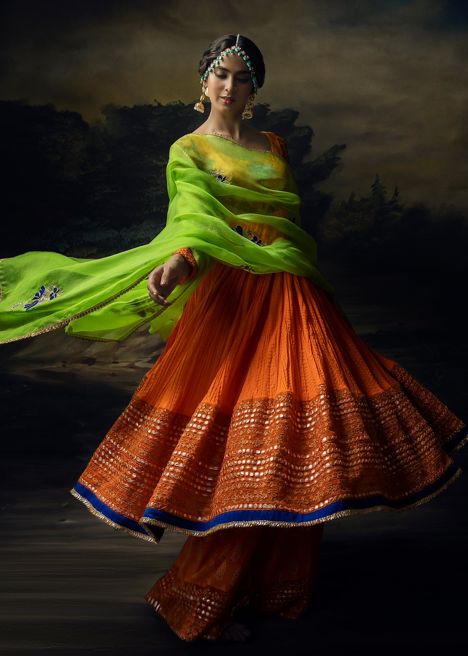 Tangerine Mirror-Work Crushed Pishwas (3-Piece) - Image 2