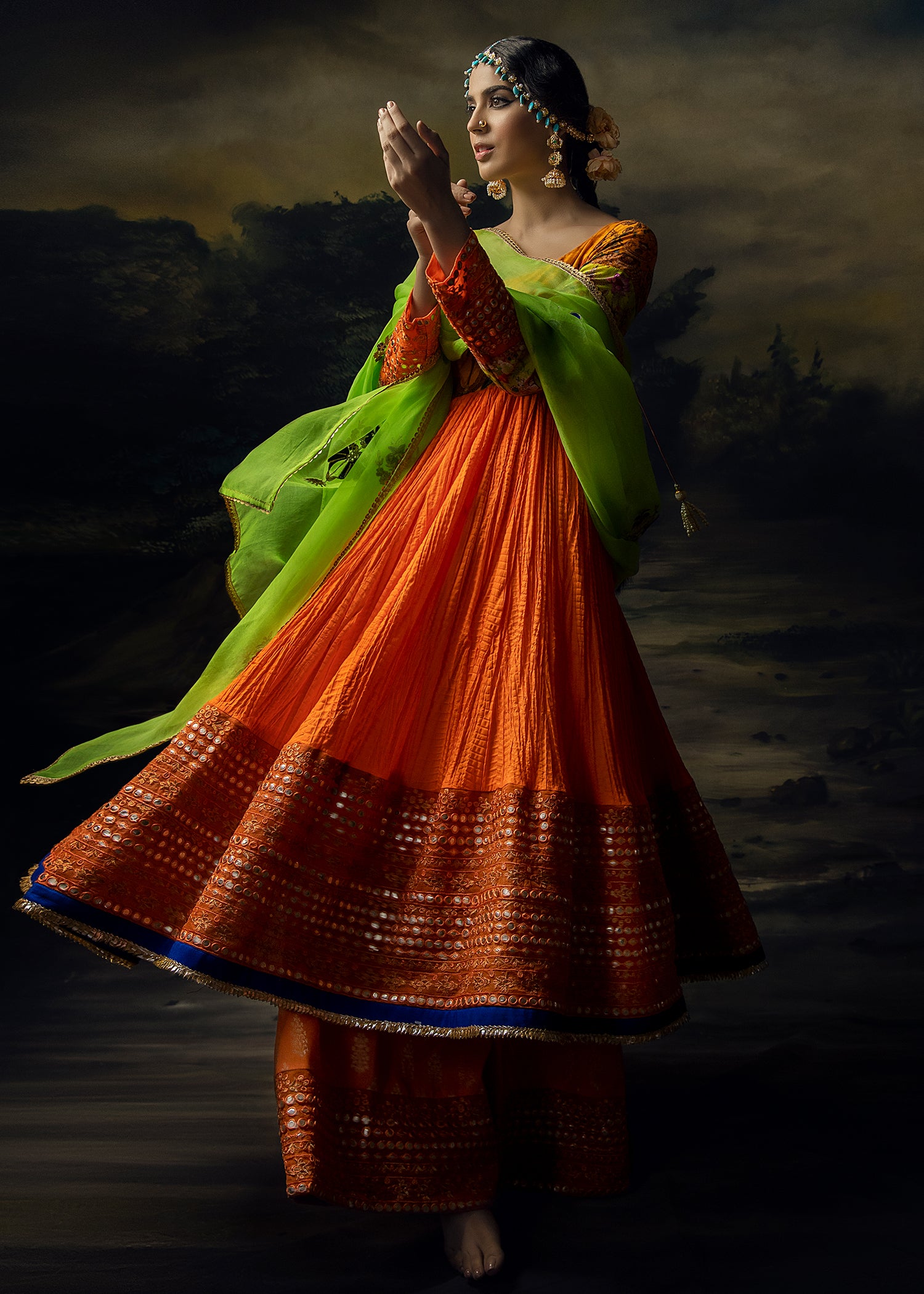 Tangerine Mirror-Work Crushed Pishwas (3-Piece) - Image 3