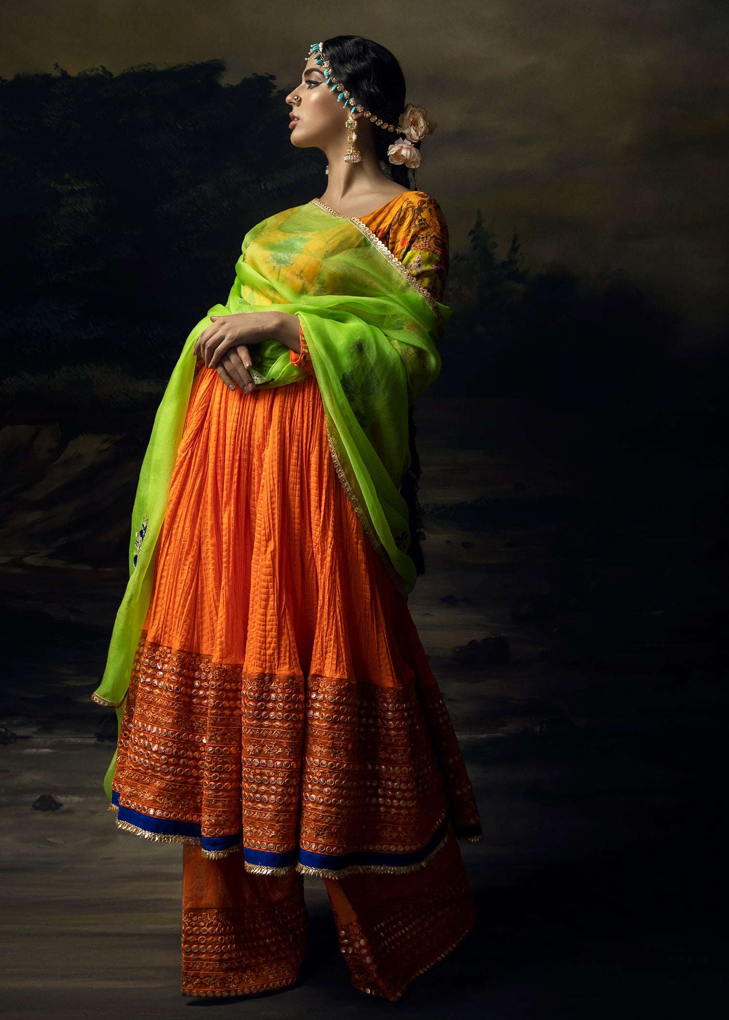 Pakistani Tangerine Mirror-Work Crushed Pishwas Dress (3-Piece) - Image 4