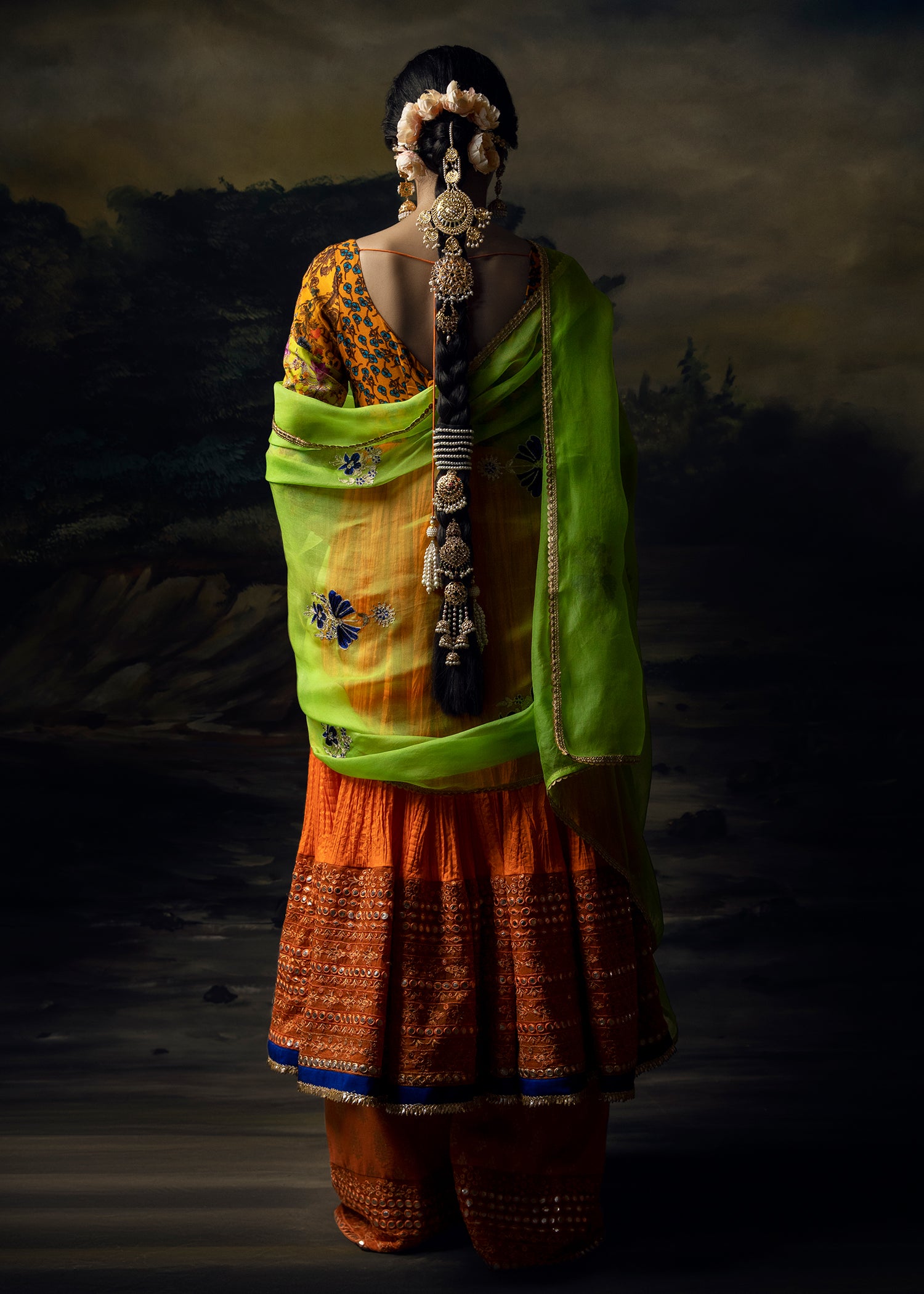 Pakistani Tangerine Mirror-Work Crushed Pishwas Dress (3-Piece) - Image 6