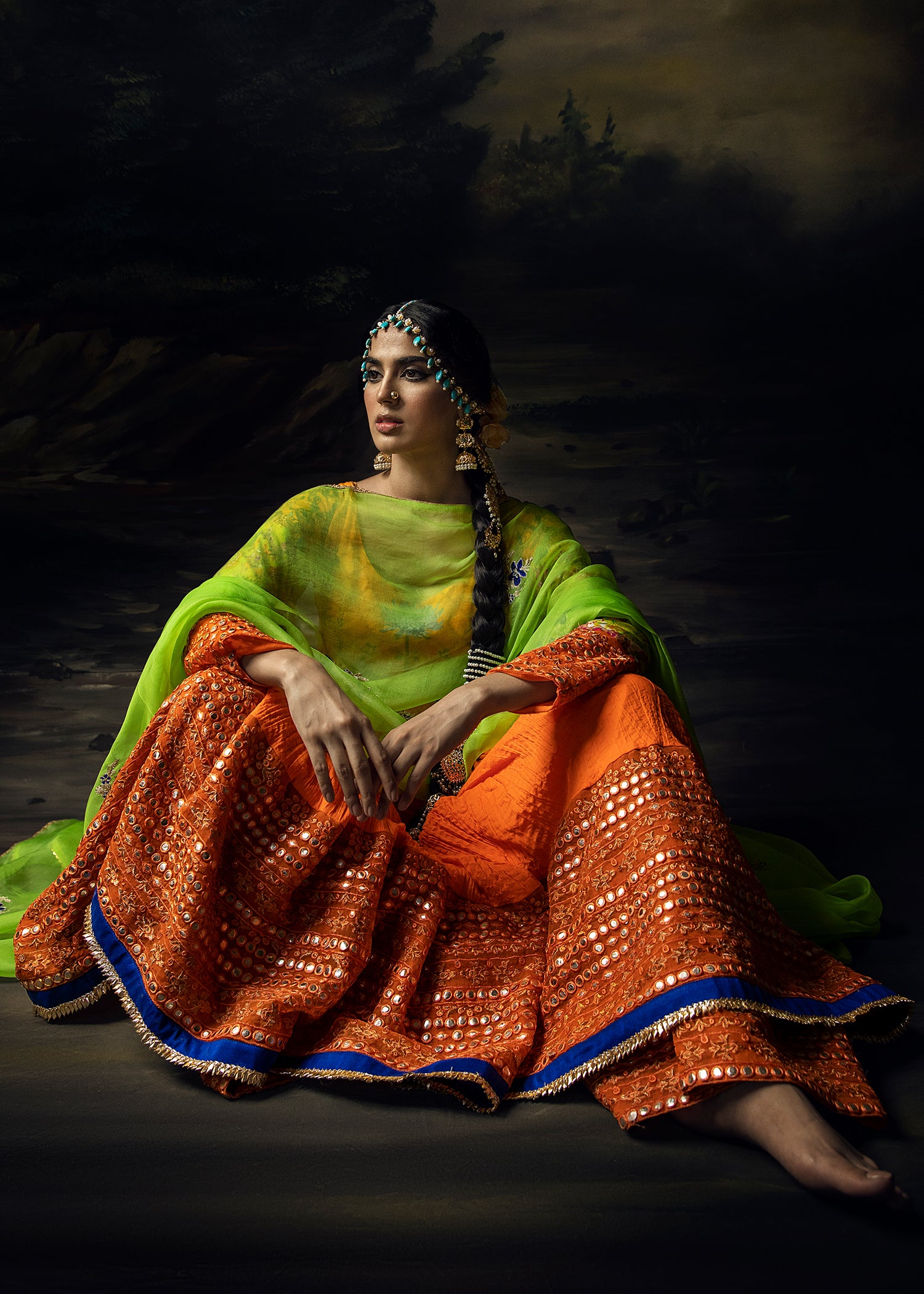 Pakistani Tangerine Mirror-Work Crushed Pishwas Dress (3-Piece) - Image 7