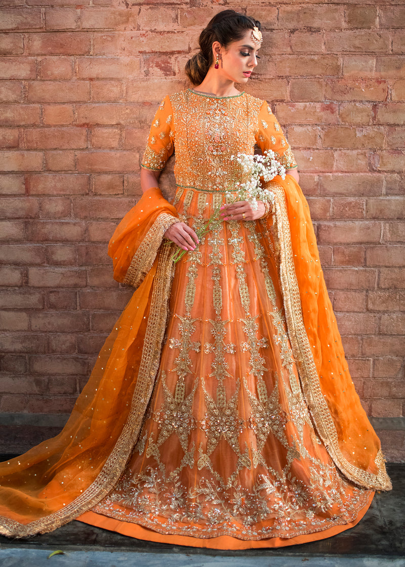 Pakistani Orange Zardozi Net & Organza Pishwas Dress (3-Piece) - Image 1