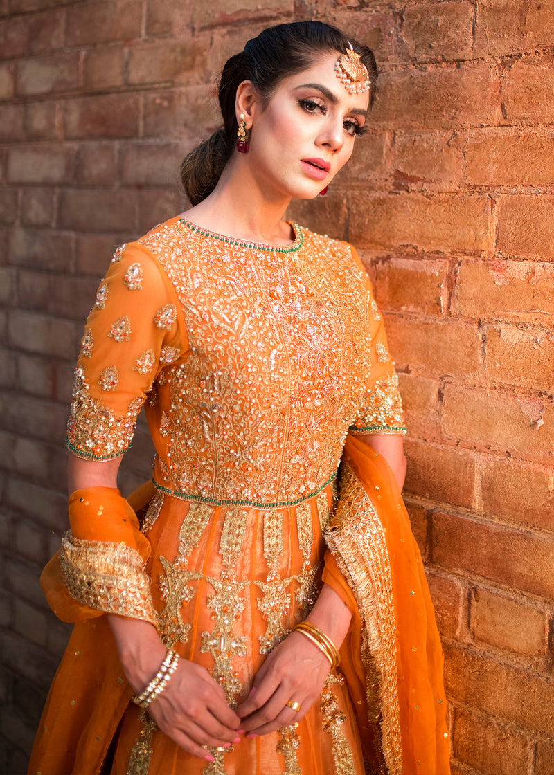 Pakistani Orange Zardozi Net & Organza Pishwas Dress (3-Piece) - Image 2