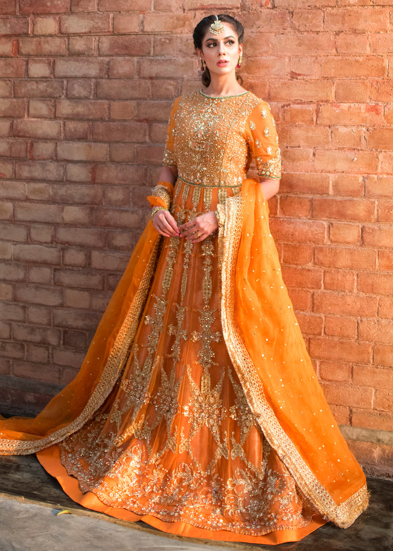 Pakistani Orange Zardozi Net & Organza Pishwas Dress (3-Piece) - Image 3
