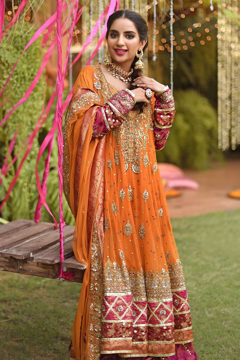 Burnt Orange Zardozi Net Pishwas Dress (3-Piece) - Image 3