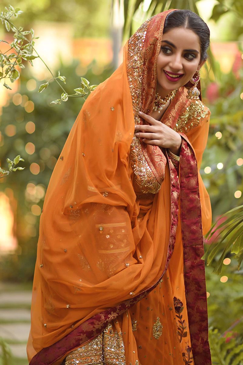 Burnt Orange Zardozi Net Pishwas Dress (3-Piece) - Image 5