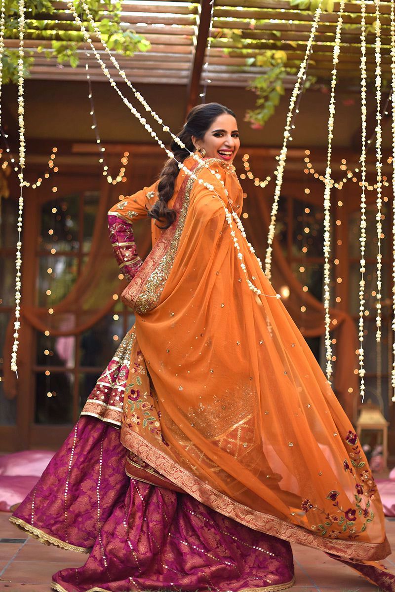 Burnt Orange Zardozi Net Pishwas Dress (3-Piece) - Image 7